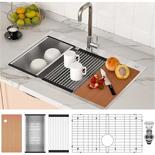 33x22 Drop In Kitchen Sink, 9" Deep Single Bowl Kitchen Sink with Cutting Board, Colander, Roll Up Rack and More, 16 Gauge Stainless Steel Top Mount Workstation Sinks