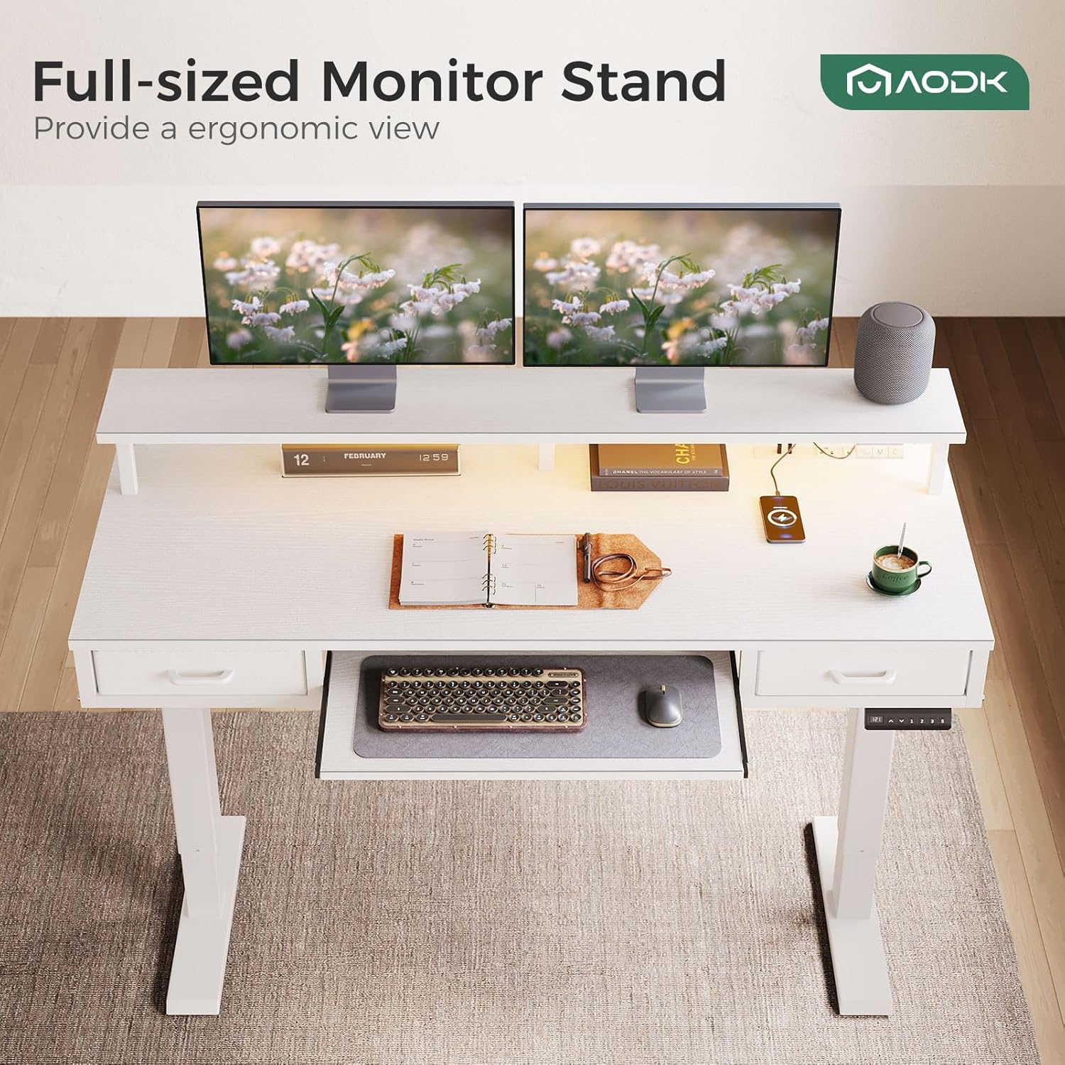 A person demonstrating the height adjustment feature of the AODK Electric Standing Desk, showing both sitting and standing positions with height indicators.