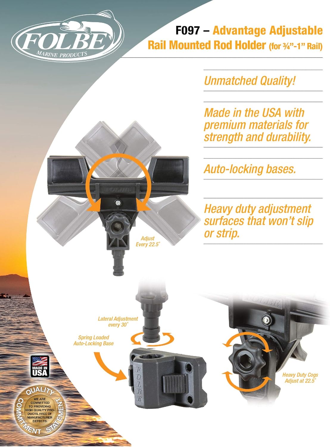 Folbe F097 - Advantage Adjustable Extended Rail Mounted Fishing Rod Holder - Fits 3/4"-1" Rails