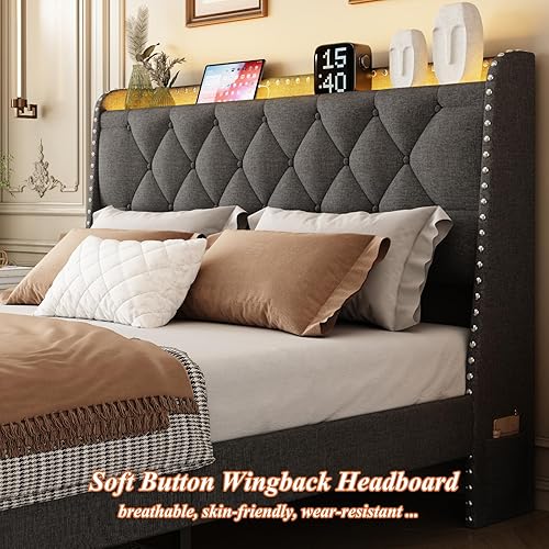 Miniatura 5 de Base de cama tamaño queen con cabecera de almacenamiento y 2 cajones, base de cama tapizada de lino con luces LED y estación de carga, no necesita