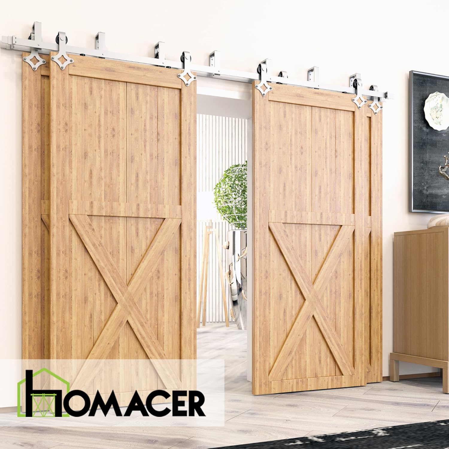 Homacer Brushed Nickel Double Track U-Shape Bypass Sliding Barn Door Hardware Kit, for Four Doors, 18ft Long Flat Track, Diamond Design Roller