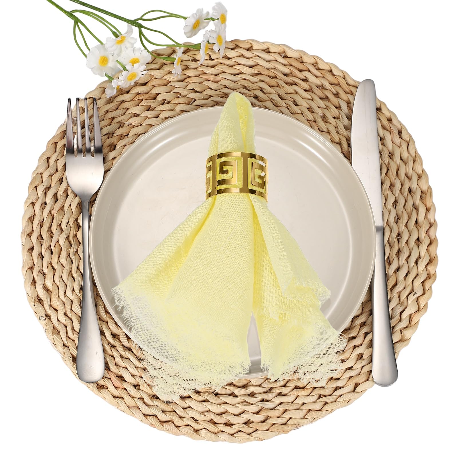 sourcing map 6Pcs Cotton Linen Napkins, 13 x 13 Inch Cloth Napkins Pleated Square with Fringe Washable Reusable Rustic Soft Handmade Cloth Dinner Table Decor for Wedding Party, Light Yellow