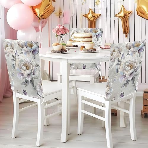 Miniatura 5 de Juego de 6 fundas decorativas para sillas de comedor con diseño de peonías plateadas para sillas de comedor, extraíbles con respaldo alto