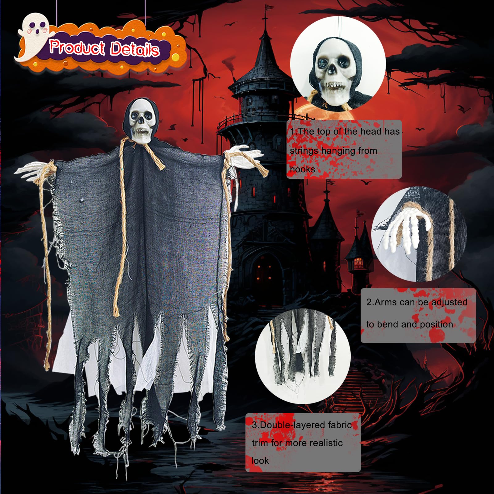 Decoración de fantasma colgante de Halloween, decoración de árbol fantasma de esqueleto, bata negra