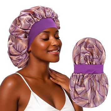 ZHENSILK Silk Satin Sleep Bonnet for Women, Double Layer Hair Cap with Soft Elastic Band, Large Silk Bonnet for Sleeping Curly Hair, Anti-Frizz Night Cap Purple Mist