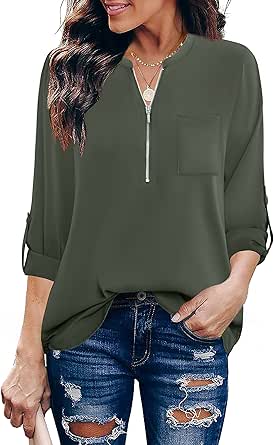 Furnex Women's V Neck Chiffon Blouse Half Zip up Tunic Shirts 3/4 Roll Sleeve Tops Work Casual