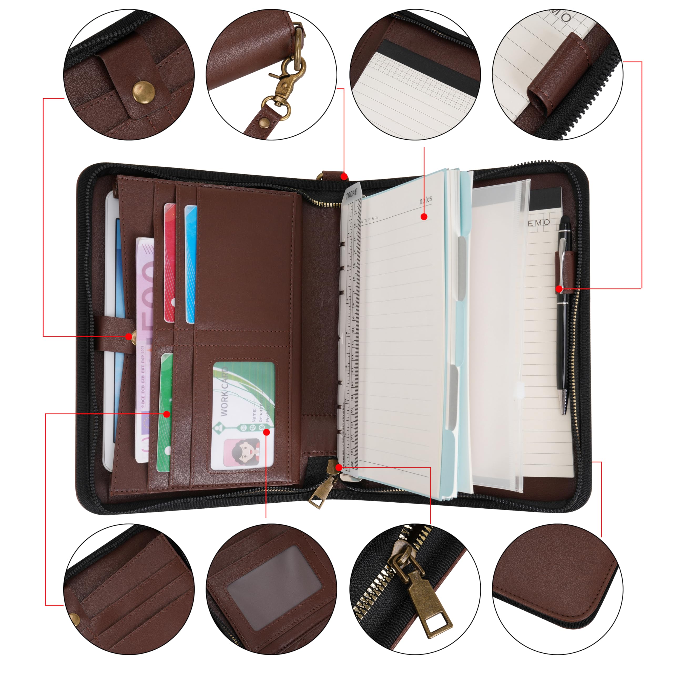 Wason A5 Portfolio Agenda con Anelli e Cerniera - Quaderno in Pelle PU con Blocco Note Staccabile e Ricaricabile, Blocco Legale per Organizzazione Aziendale, Studio e Viaggi (Caffè)