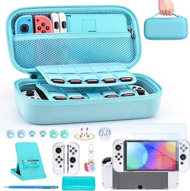 Switch OLED Accessories Bundle- innoAura 18 in 1 Switch Bundle with NS Switch Case, Switch Game Case, NS Switch OLED Screen Protector, Switch Stand, Switch Thumb Grips (Blue)
