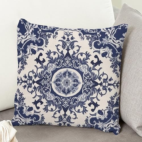 Miniatura 5 de ArogGeld Funda de almohada de damasco azul índigo con azul marino para sofá, diseño de flores azules turcas estilo morisco, funda de cojín