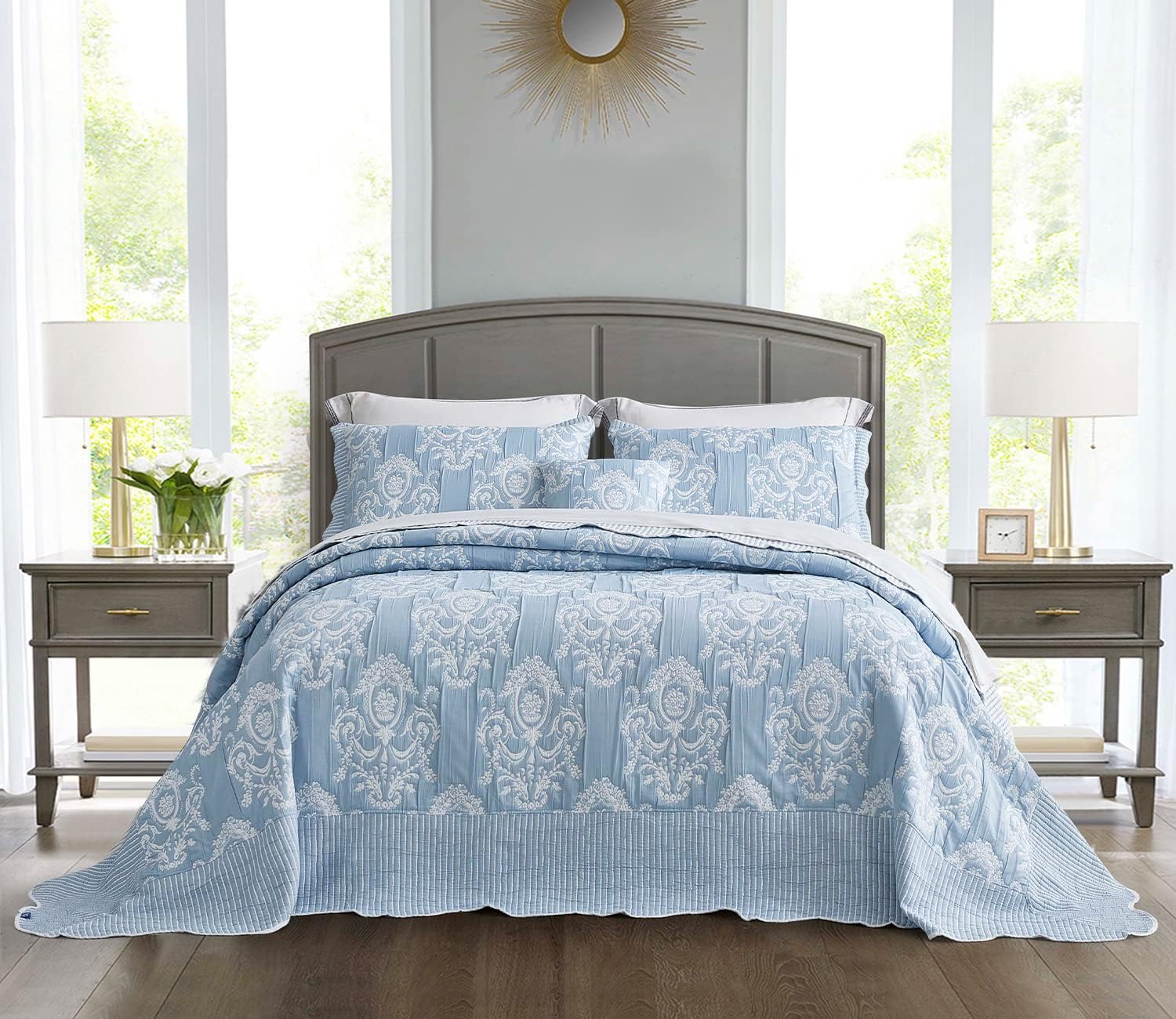 HZ & HY Oversized King Bedspread, Jacquard Matelasse Damask Pattern Design, Lightweight, Reversible, 5 Piece, 100% Microfiber, Wathet Blue