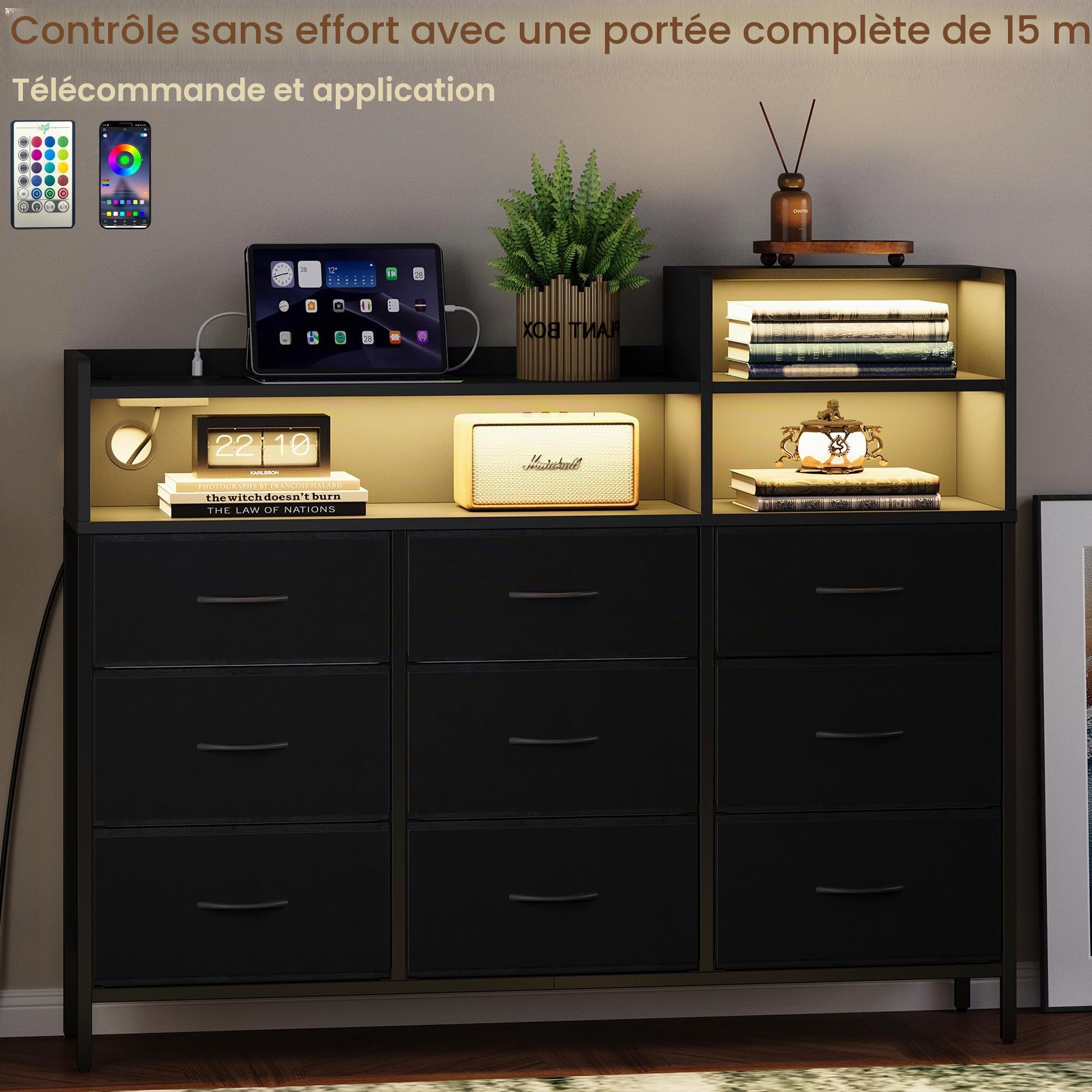 IRONCK Commode de Rangement Moderne avec lumière LED et Station de Charge, 9 tiroirs en Tissu et 3 étagères Ouvertes en Bois, pour Chambre à Coucher, Salon, Couloir, Placard (Noir)