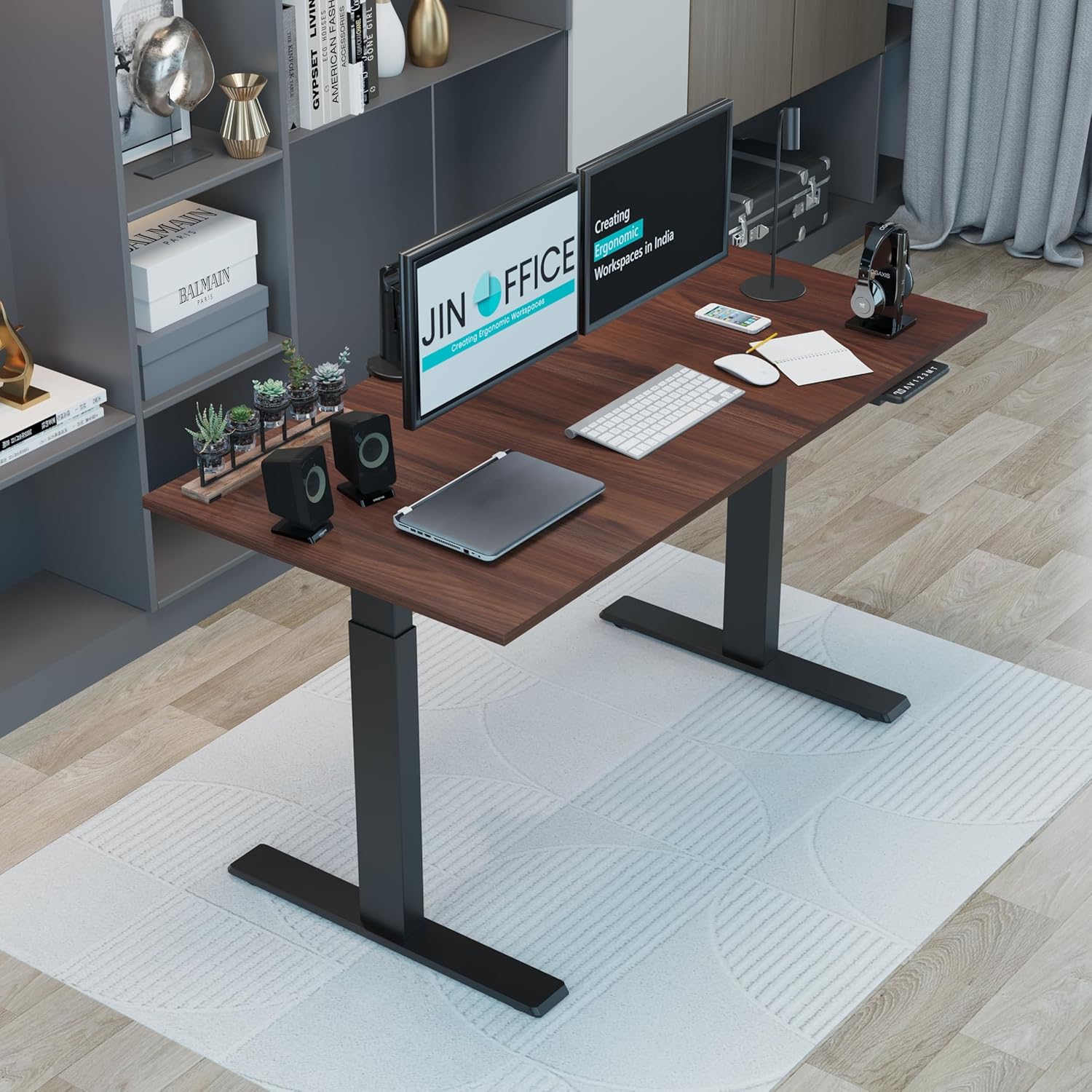 JIN OFFICE Titan Premium Dual Motor 3-Stage Electric Height Adjustable Desk| Sit Stand Table| Standing Desk Ergonomic with 125Kg Wt. Cap, 3 Year Warranty (Black Frame | Brown Top, 1500 x 750 mm)