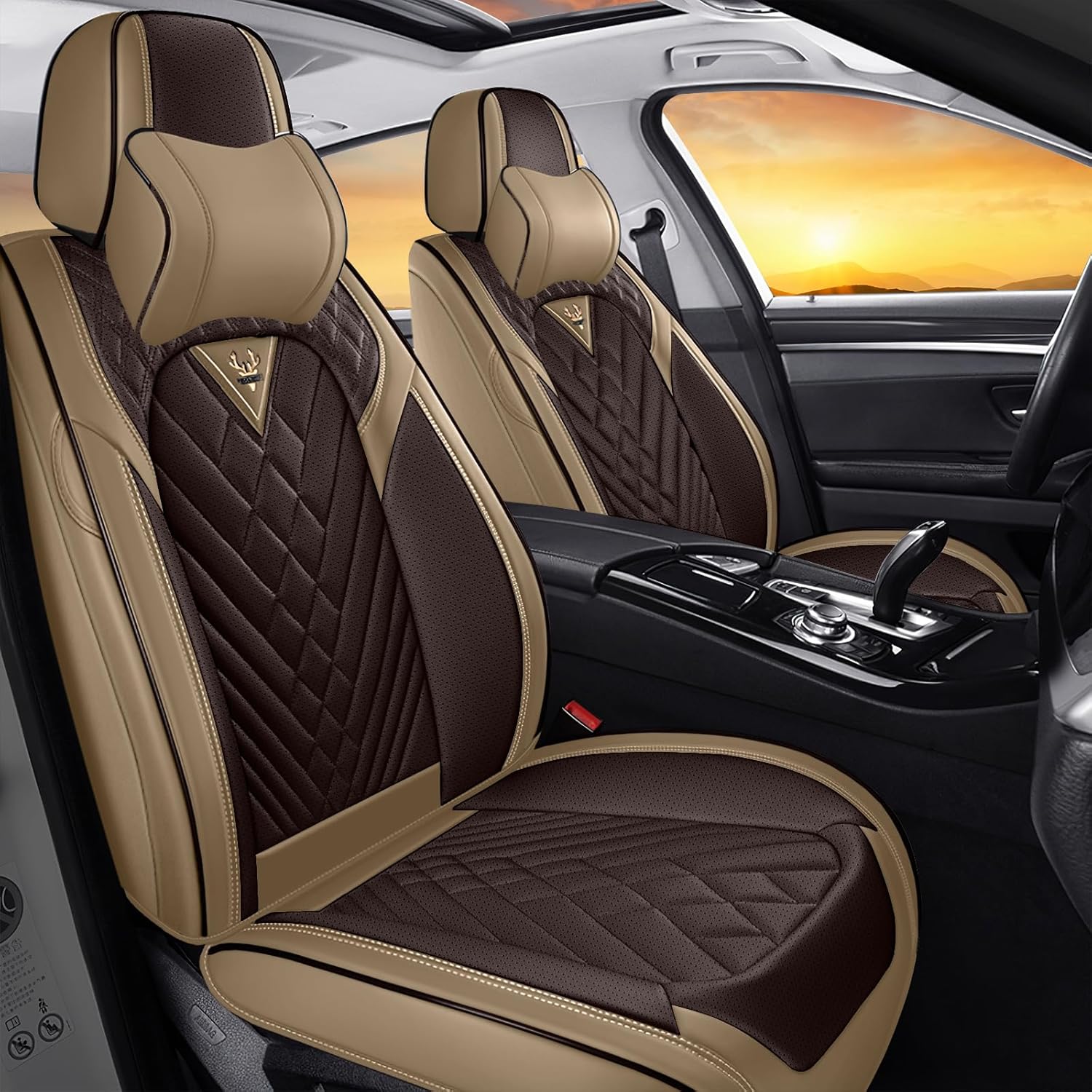 Car Seat Covers Fit for Chevy Colorado 2007-2025, Full Coverage Customized Seat Covers, Premium Leather Waterproof Easy to Install(Brown&Curry/Luxury 2 Seats)