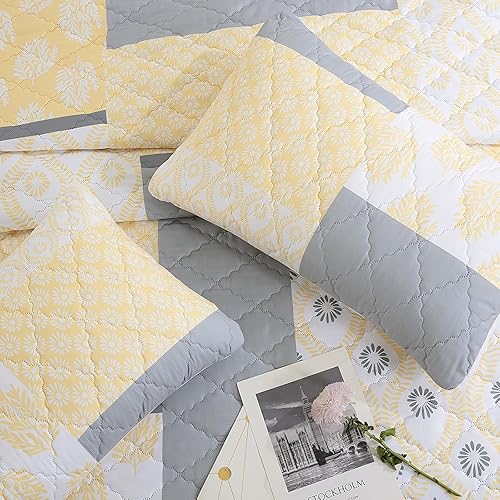 Miniatura 6 de HOMBYS Juego de colcha de retazos a cuadros de tamaño King de 128 x 120 pulgadas, juego de colcha acolchada ligera a cuadros amarillos, decoración