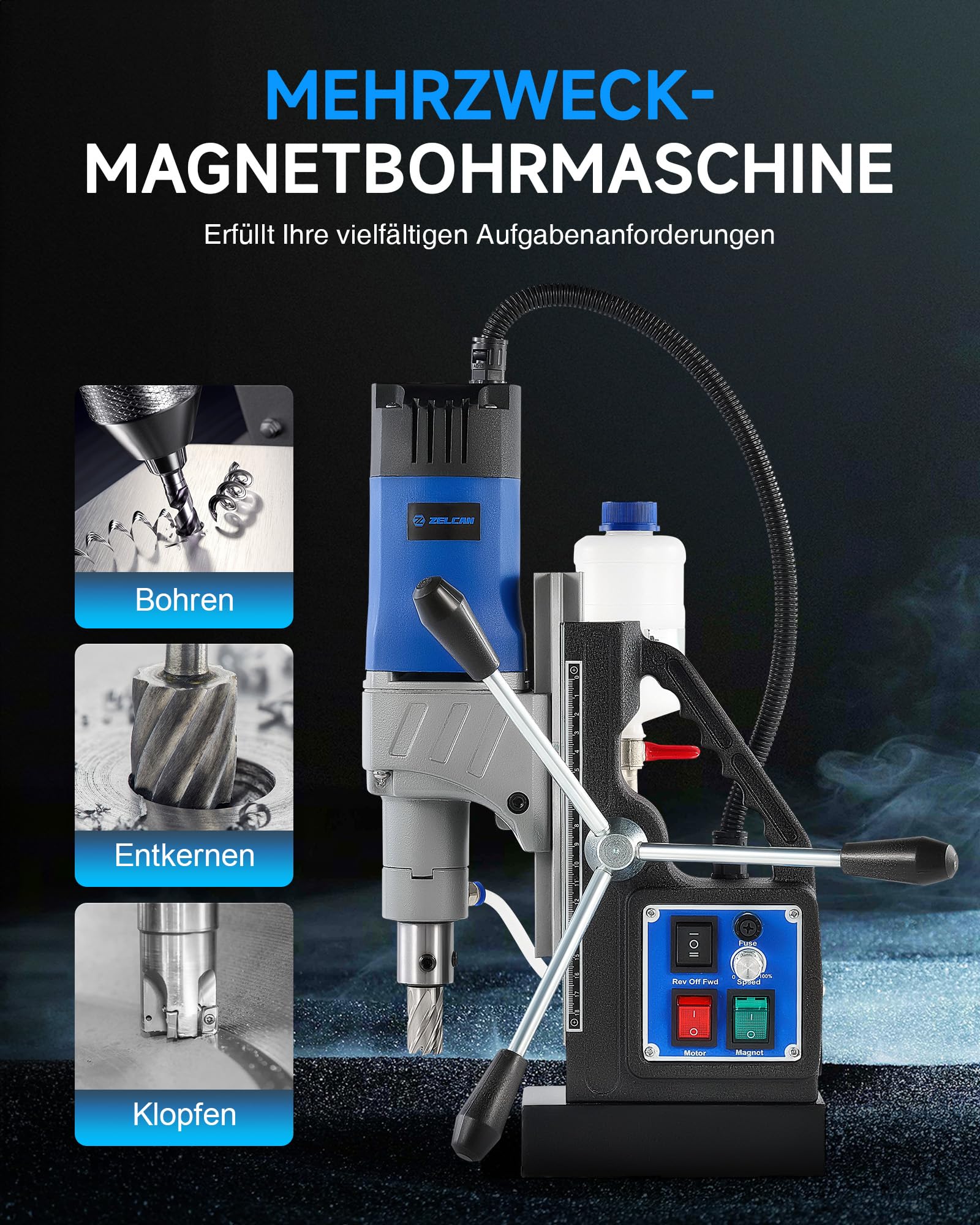 ZELCAN Magnetbohrmaschine 1550W Standbohrmaschine 11 Bohrer 13000N Tischbohrmaschine 580RPM Variable Geschwindigkeit 50mm Max. Durchmesser für Heimwerk Industrie Eisenbahn Schiffsbau, Höhenverstellbar
