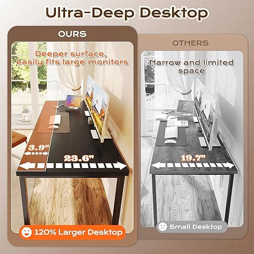 Miniatura 7 de Huuger Escritorio de 63 x 24 pulgadas con tomas de corriente y USB-C, Escritorio más profundo y grueso, Tubos de metal robustos, Escritorio para