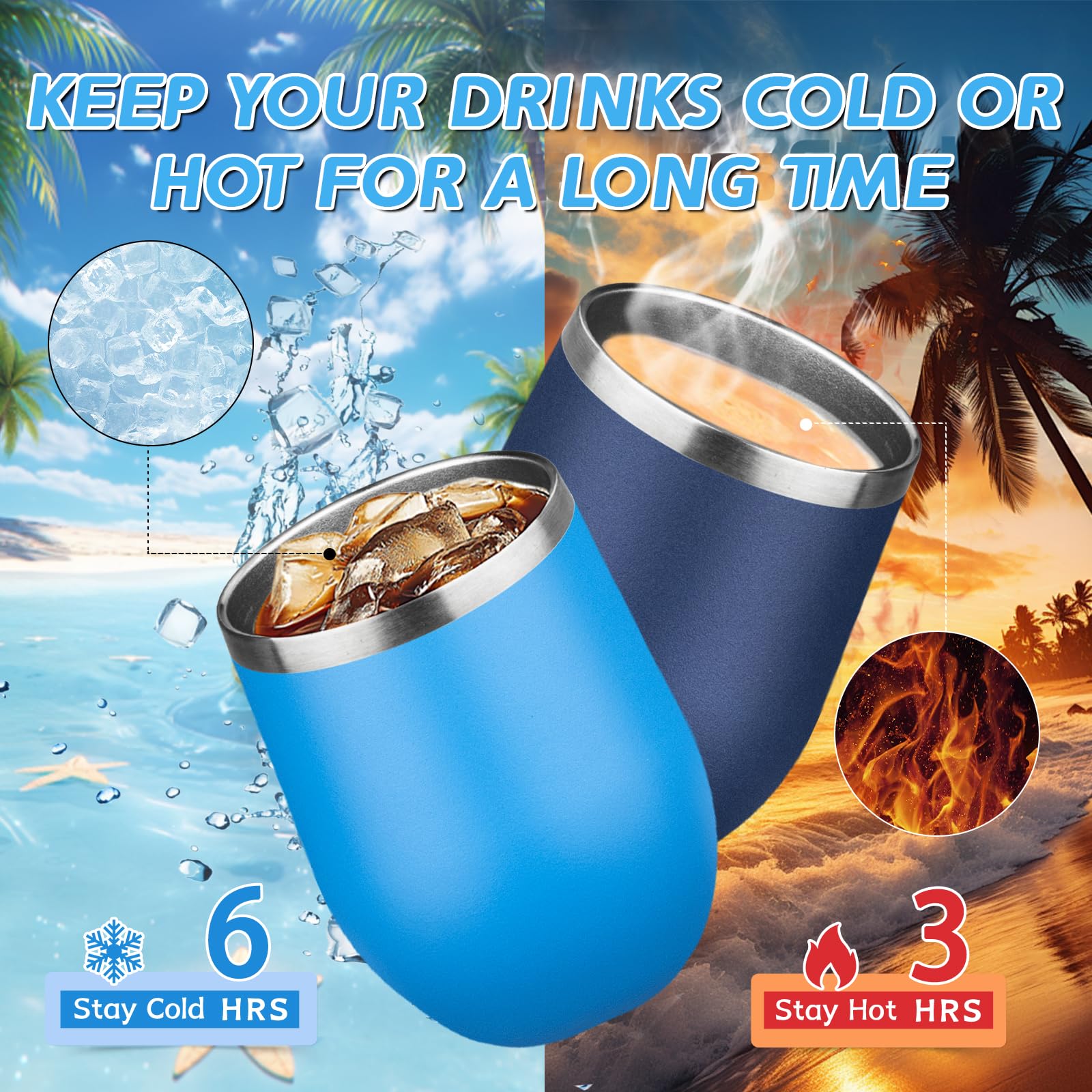 Weinglas ohne Stiel mit Deckel, doppelwandig, isoliert, Edelstahlgläser, Becher mit Strohhalm, isoliert, Cocktailbecher, Kaffeetasse für heiße und kalte Getränke, 340 ml, gemischt, 10 Stück