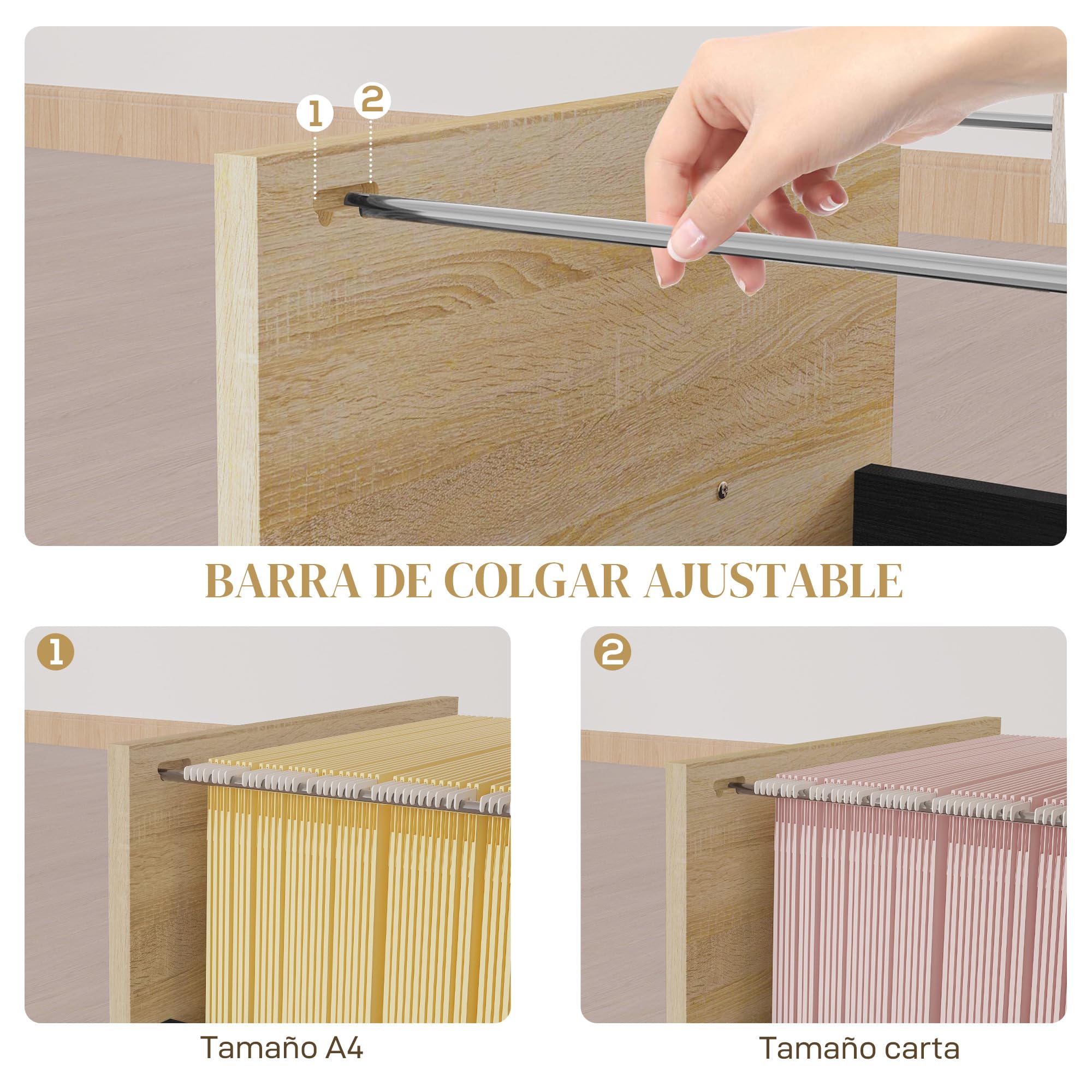 HOMCOM Cajonera de Oficina Mueble Archivador con 3 Cajones para Tamaño A4 Carta 4 Ruedas para Salón Estudio 40x42x65 cm Roble y Negro