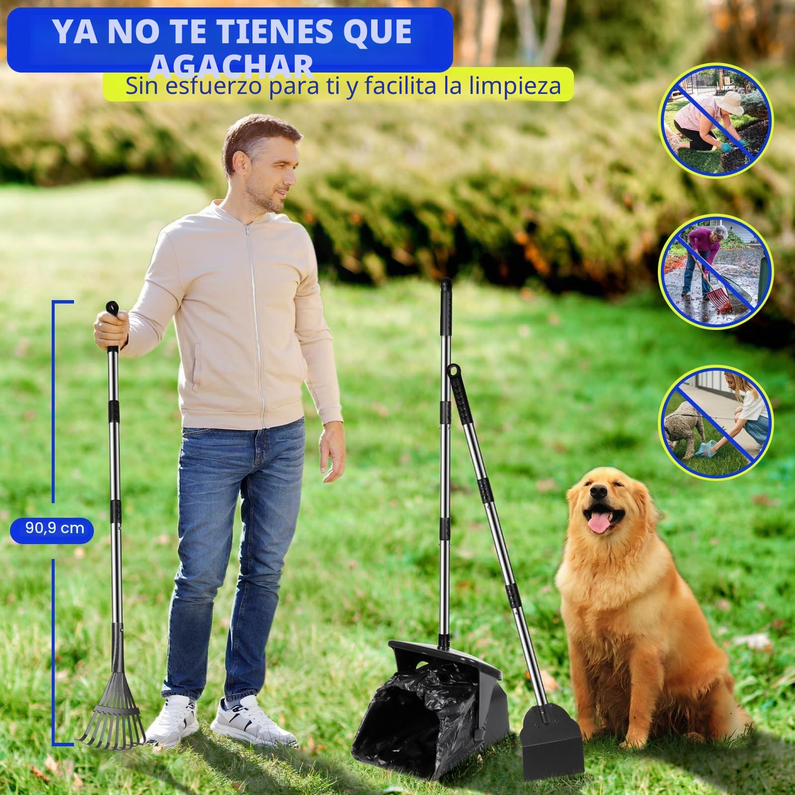 Recoge Cacas de Perros Recogedor de Excrementos Perro con 20 sacchetti per rifiuti 100 cm de Largo Mango para Perro Recoge Cacas de Perros