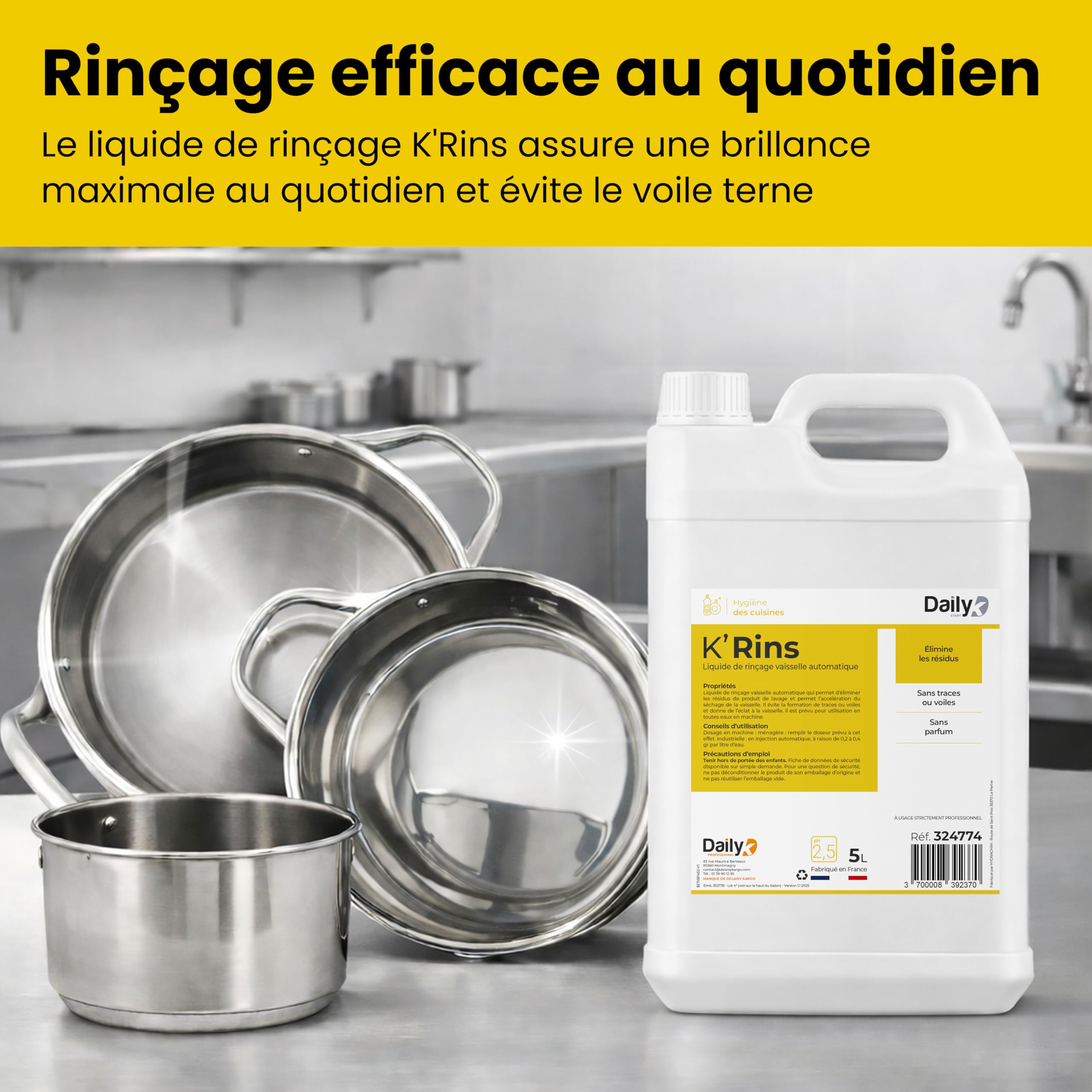 Liquide Rinçage Lave-Vaisselle Bidon 5L K’RINS - Compatible Tous Lave-Vaisselle - Séchage Rapide, Sans Traces, Haute Brillance - Idéal Usage Professionnels Et Particuliers - Made in France