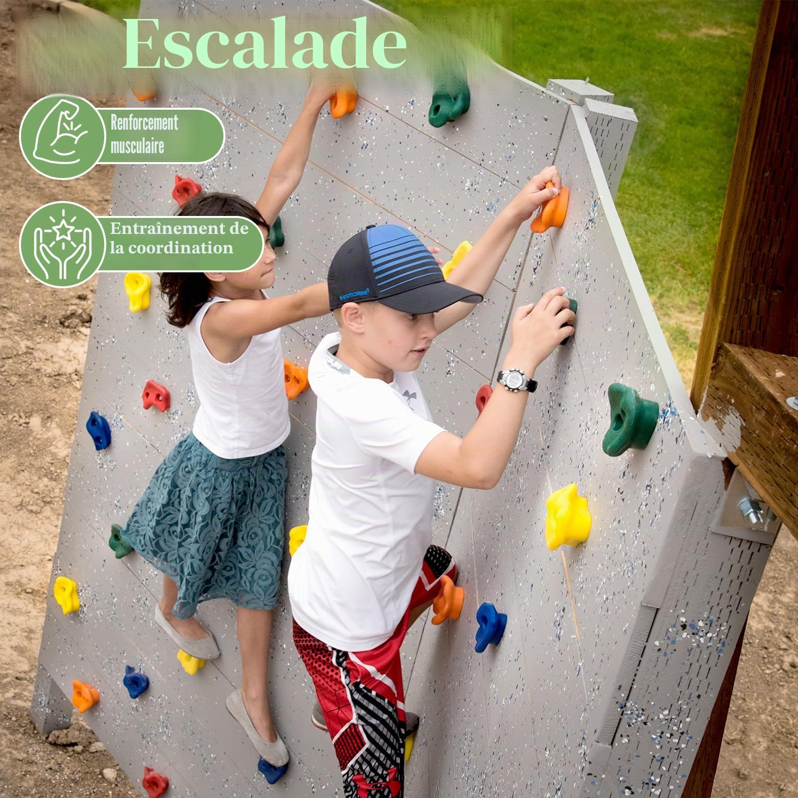 20pcs Prise Escalade Enfant Exterieur, Mur Escalade Enfant Exterieur avec 270cm Corde Nouée D'escalade et 2pcs Vert Poignées Maintien Aire de Jeux, Rock Climbing Holds pour Intérieur et Extérieur