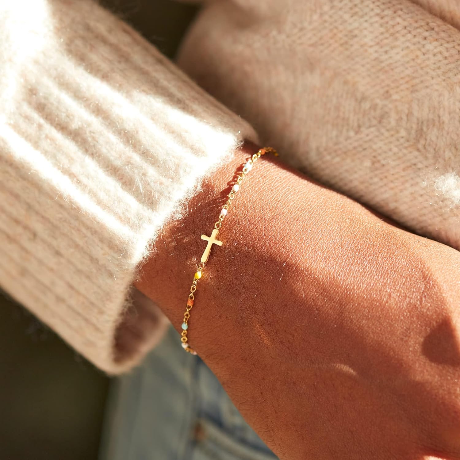 STORYJEWELLERY Cross Bracelet for Women, Gold Plated Charm Bracelets, Blue Beaded Chain Faith Bracelet, Christian Jewelry for Women, Religious Gifts, Confirmation and Bapstism Gifts - Image 3