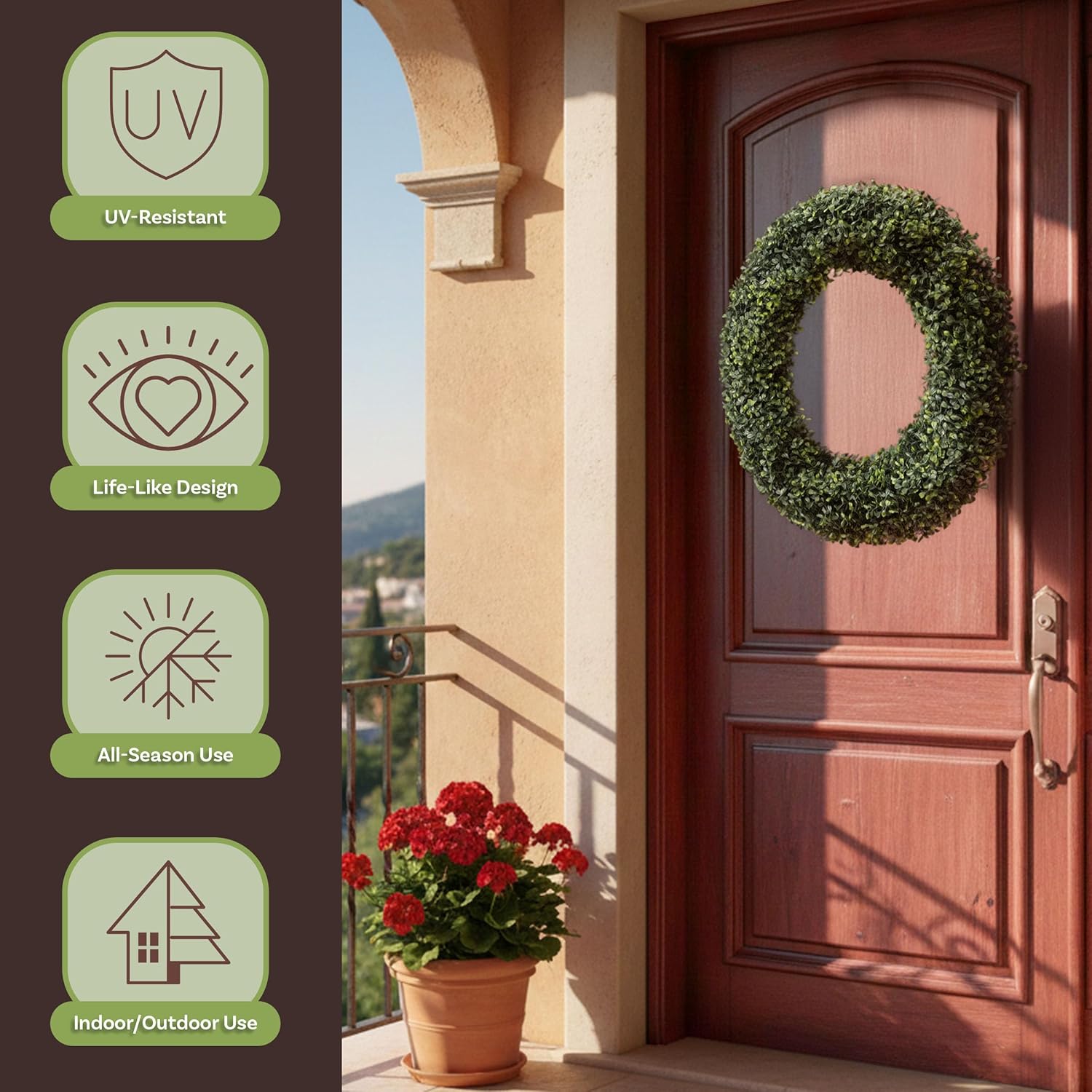 24” Large Boxwood Wreath for Front Door - All-Season Artificial Boxwood Spring, Summer, Fall, or Winter Wreath - Indoor/Outdoor Modern Farmhouse Front Porch Decor by Pure Garden (Green)