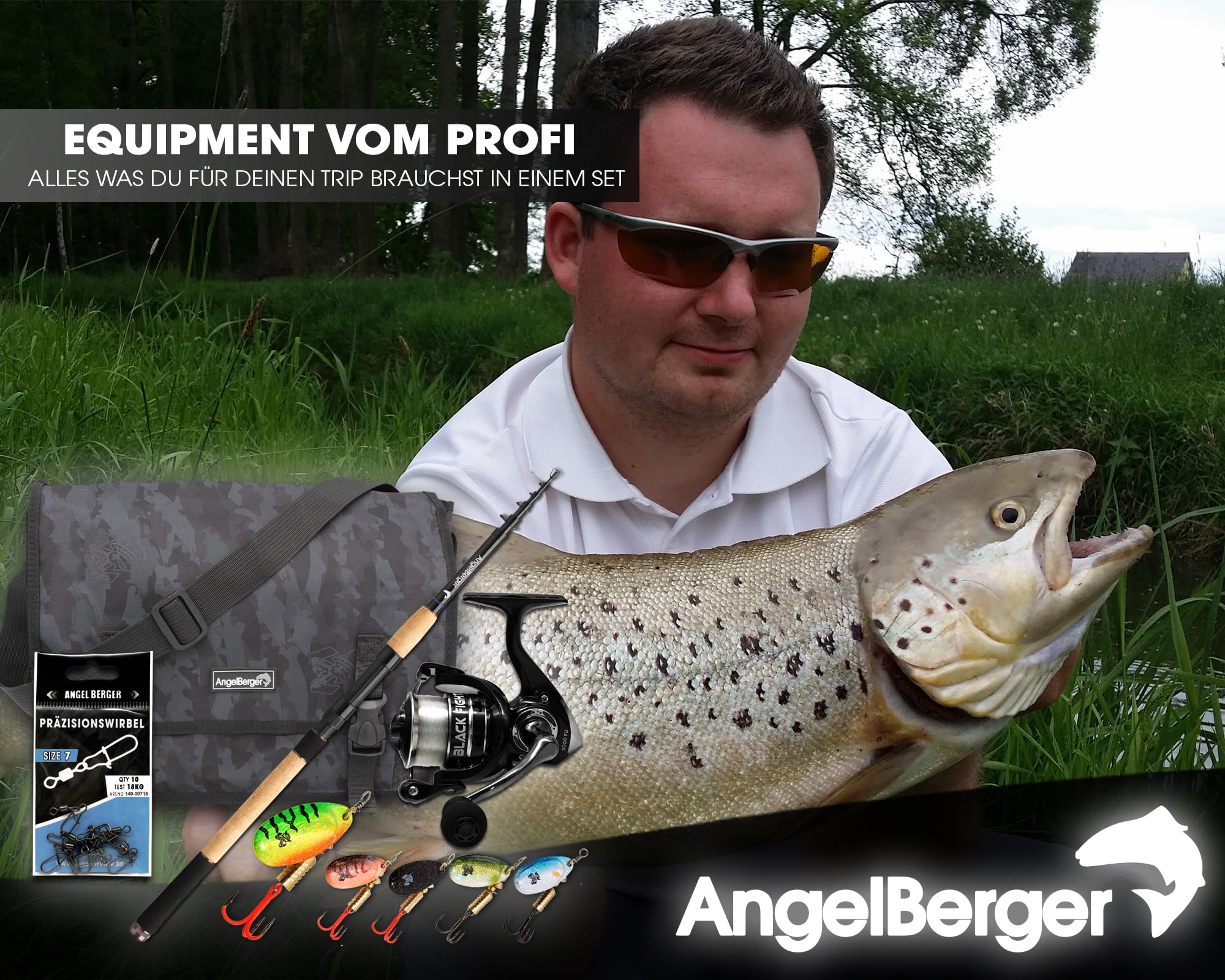 Angel-Berger Tele Angelset Forelle mit Tasche und Zubehör Trout Fishing Set Angelrute Angelrolle Forellenköder
