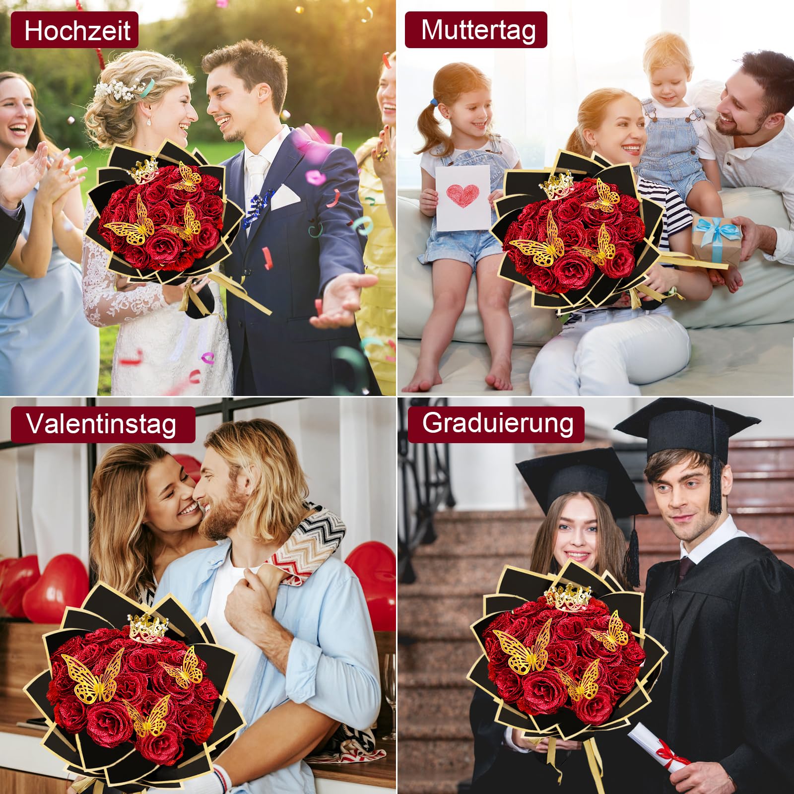LARDUX 24 Stück Glitzer-Rosenstrauß, Glitzer Rosen Bouquet, künstliche Rosensträuße, DIY künstliche Glitzer-Blumensträuße mit Krone für Geschenke Hochzeitstag Verlobungstag Geburtstag, Muttertag