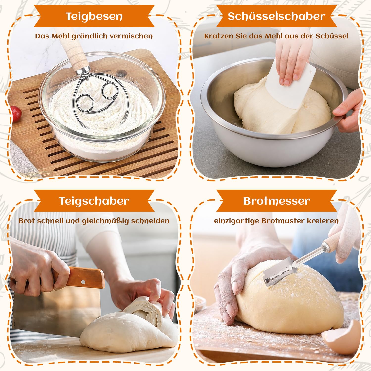 Gärkörbchen Sauerteig Starter Set, 2 Rattan Gärkörbchen (25cm Ovale & 23cm Runde), Sauerteig Glas, Komplett Brot Backen Zubehör Set, Geschenk für Anfänger & Fortgeschrittene Bäcker