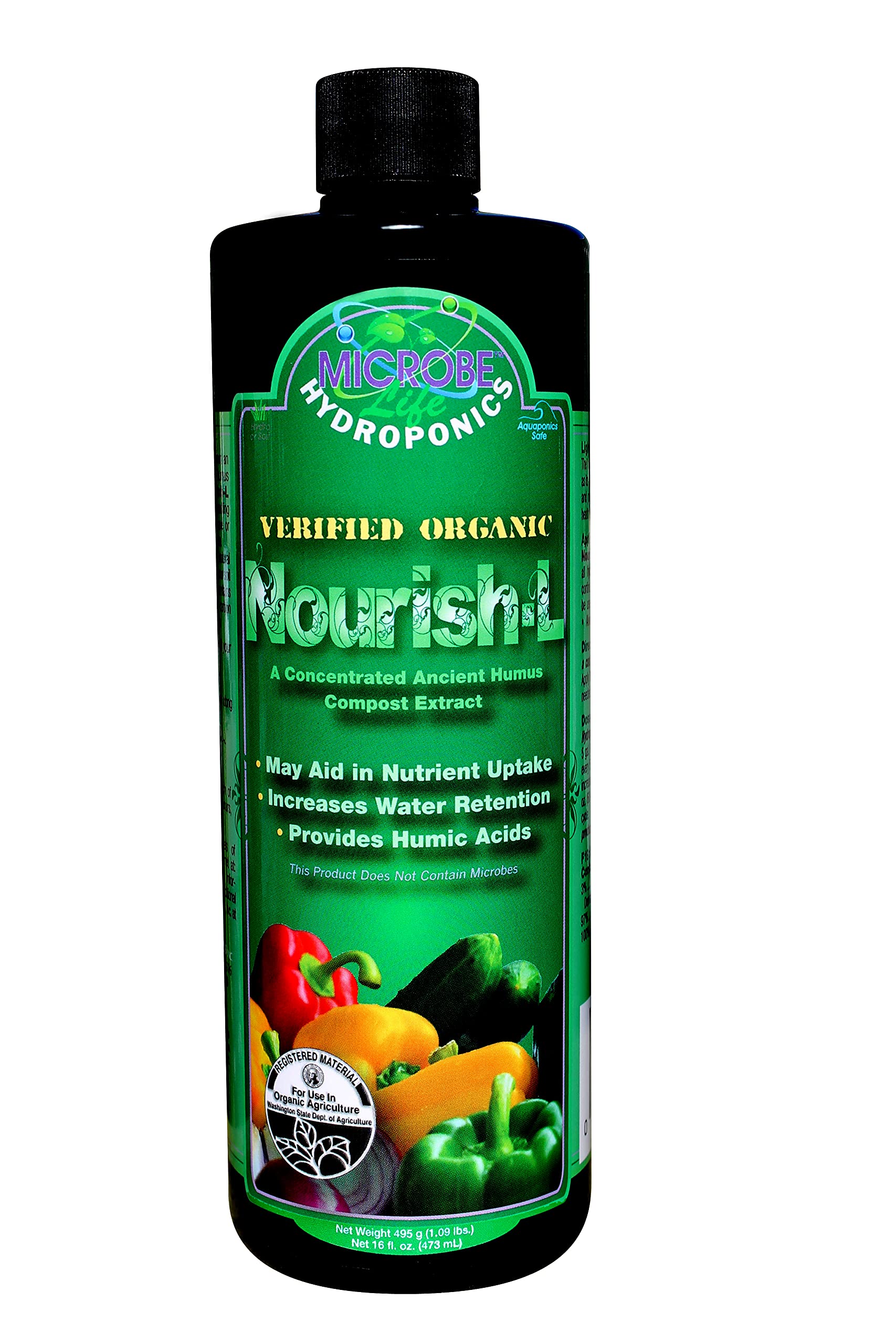 MICROBE LIFE HYDROPONICS Nourish-L Liquid Conditioner, Stimulator to Enhance Plant Nutrient Absorption for Fruits & Vegetables, Use with Any Feeding Systems Including Hydroponics or Soil, 16 Ounces