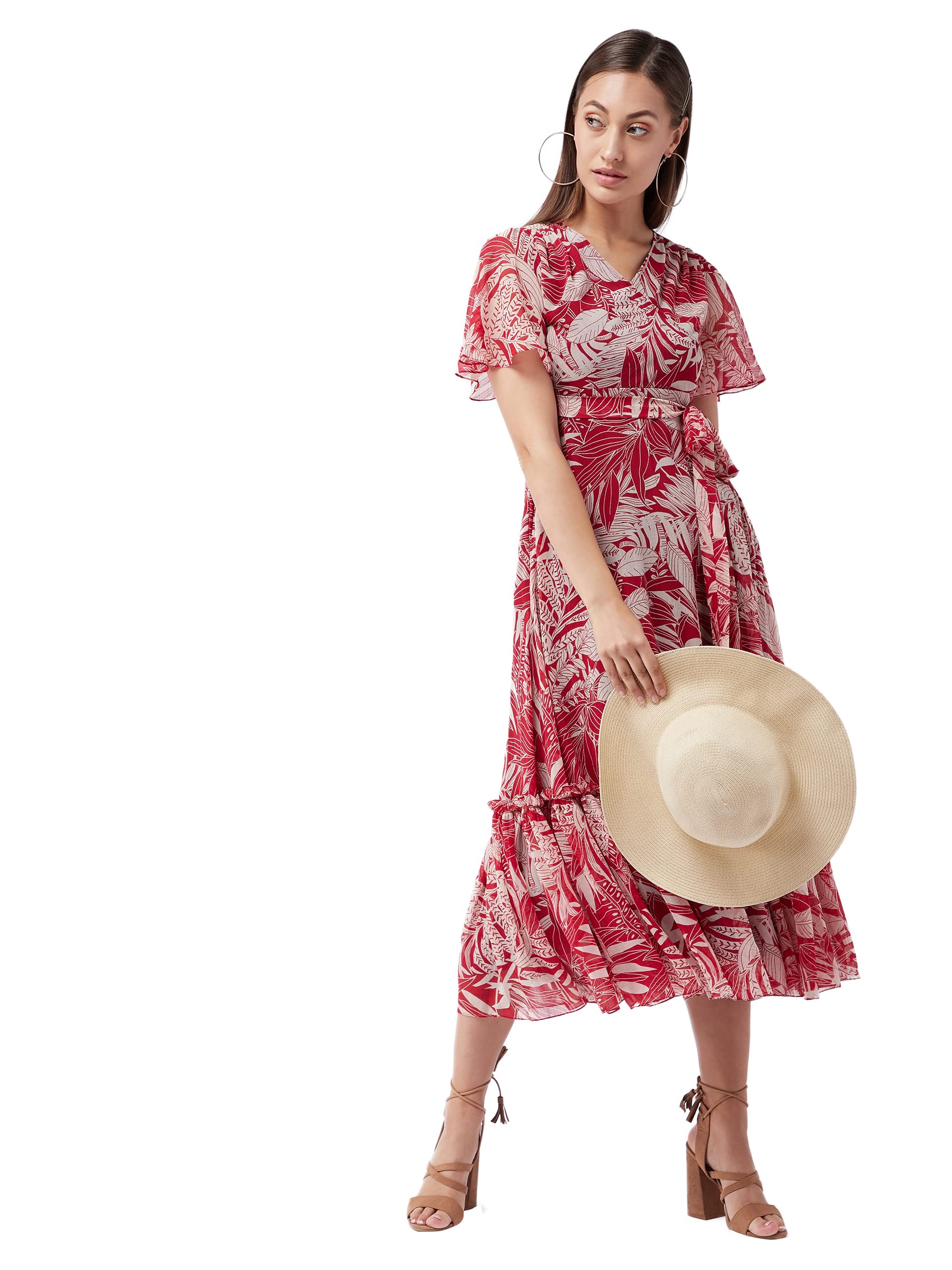 Miss Chase Women's V Neck Flared Sleeve Floral Maxi Dress (Mcss25D93-25-197-09, Multicolored Base Maroon, 4Xl)