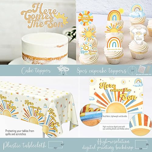 Miniatura 6 de Here Comes the Son - Decoraciones de baby shower para niño, suministros de fiesta de baby shower bohemios, decoración de revelación de género para