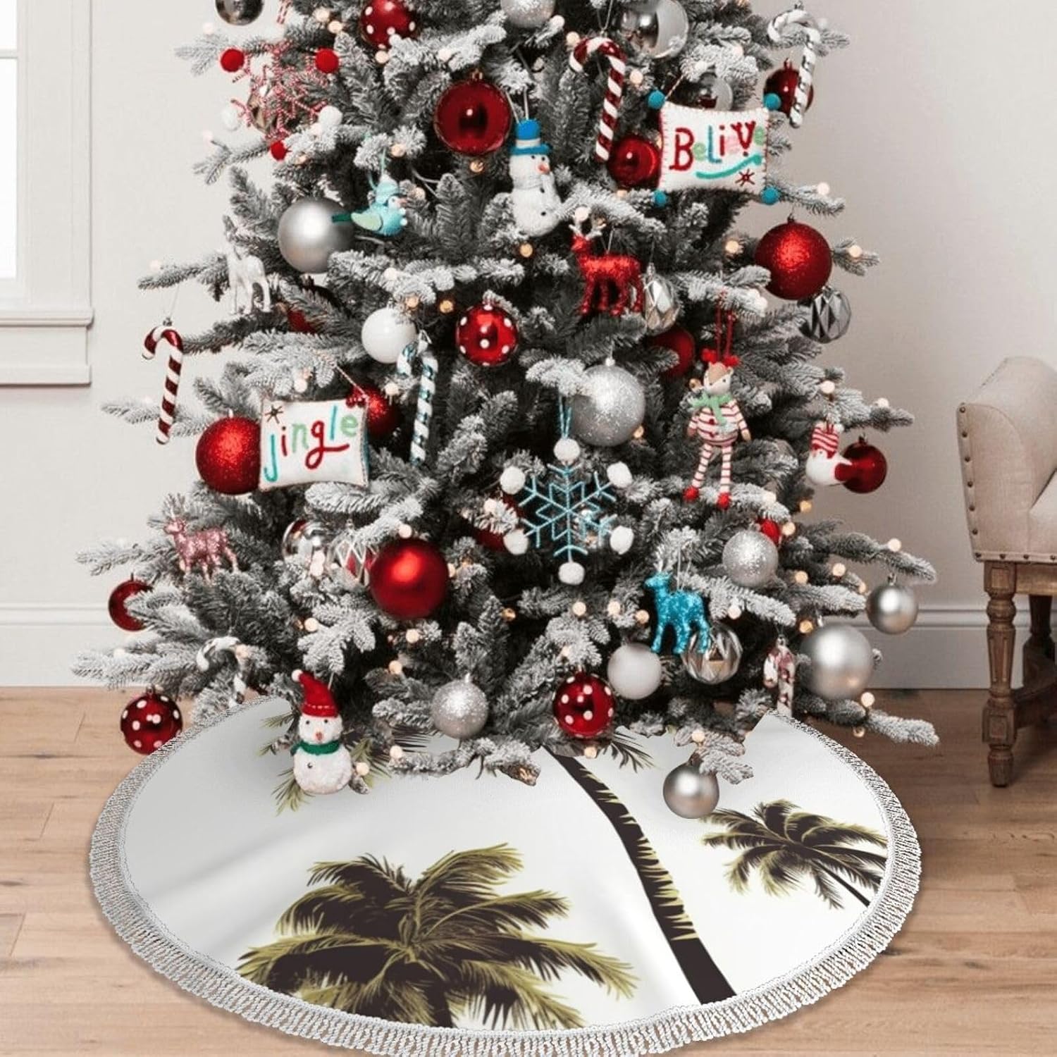 Palm Tree Christmas Tree Skirt with Tassel Soft Plush Christmas Tree Cover Mat Vintage Xmas Tree Skirts for Merry Christmas Tree Decorations