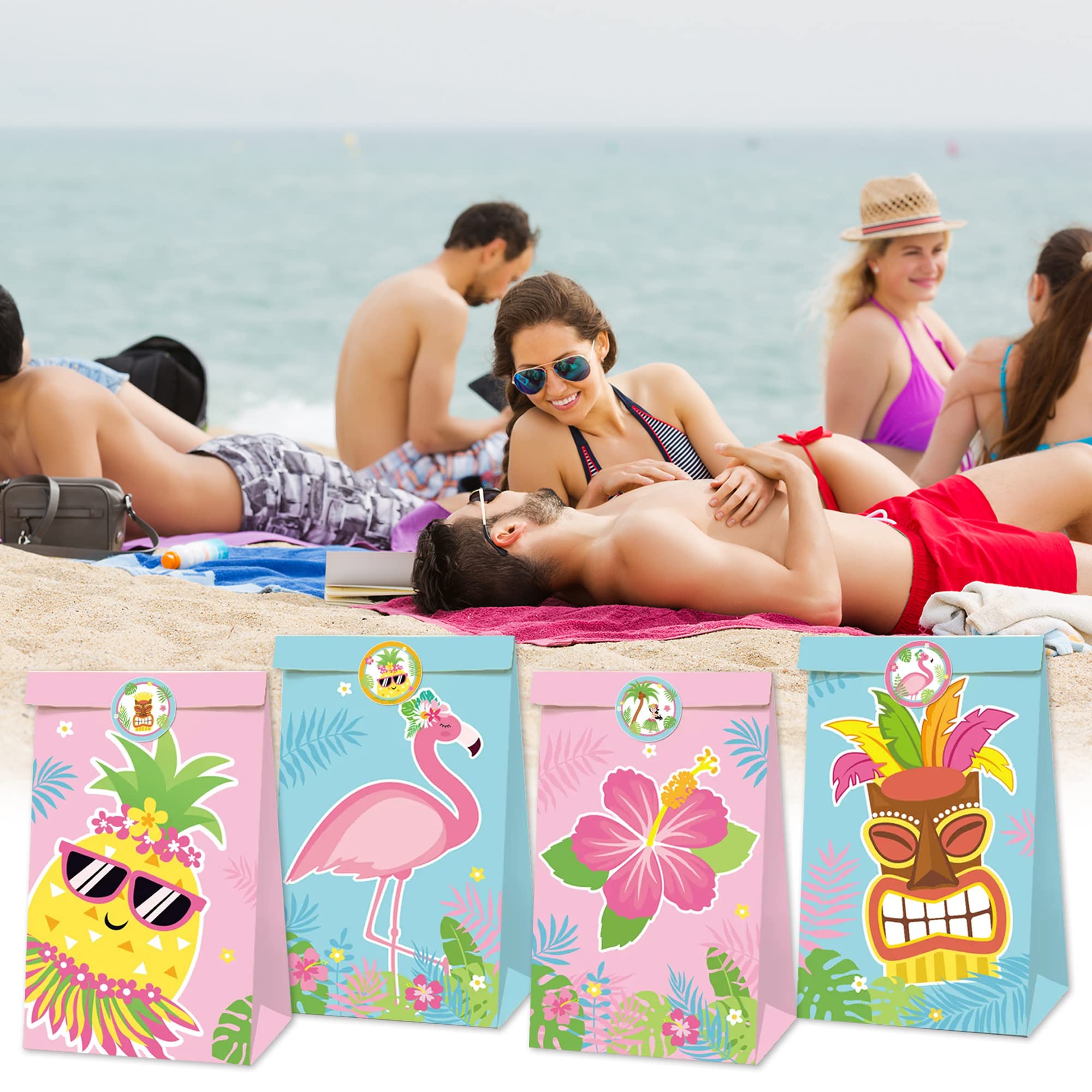 16 Hibiskus-Partytüten Mit Griffen – Hawaii-Motiv, Bunt, Für Tropische Partys & Süßigkeiten
