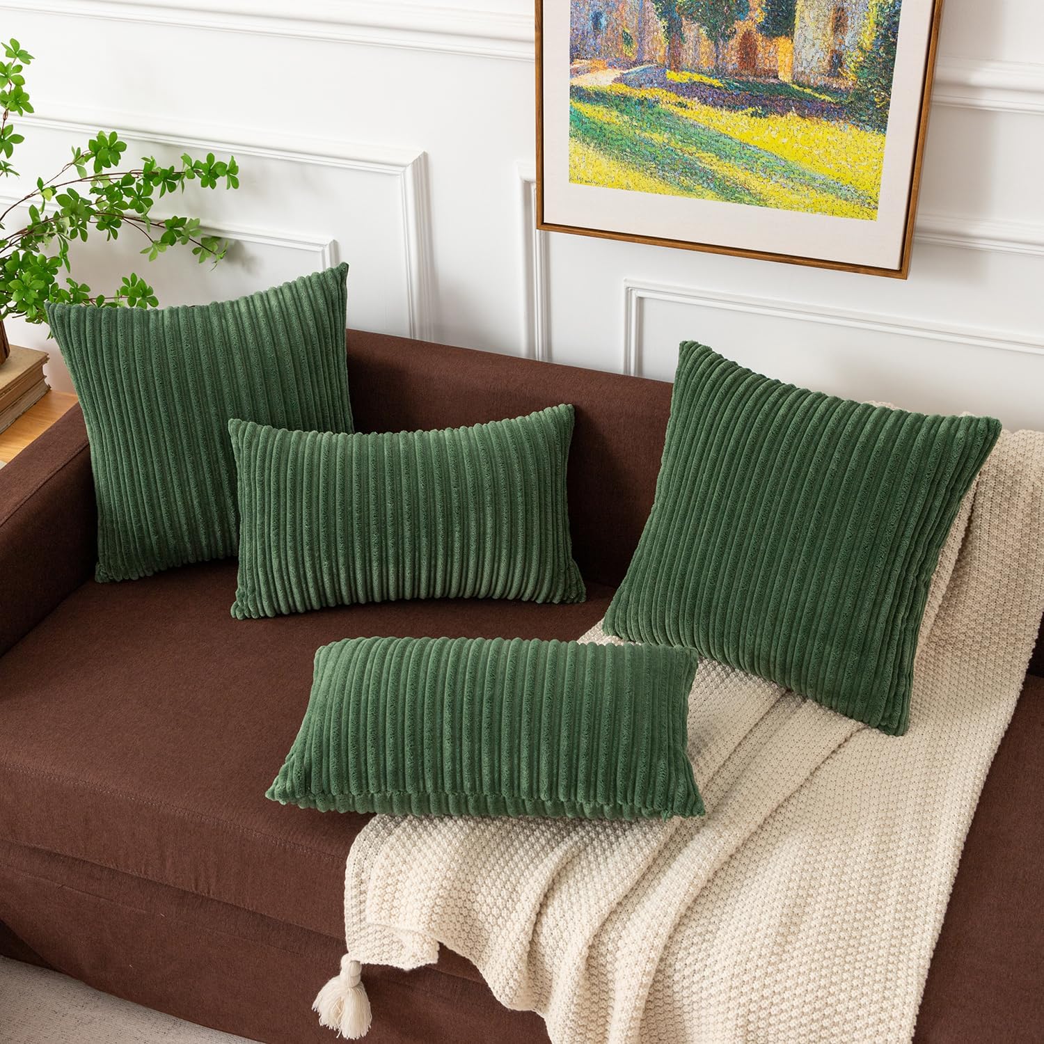 Kevin Textile Pack of 2 Spring Corduroy Soft Soild Decorative Square Throw Pillow Covers Set Cushion Cases Pillowcases for Sofa Bedroom Car 24 x 24 Inch 61 x 61 Cm Moss Green