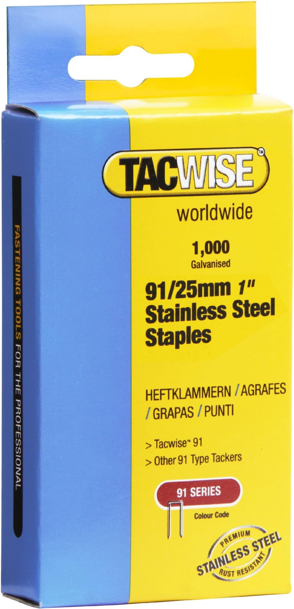 Tacwise1071 Type 91 / 25 mm Stainless Steel Narrow Crown Staples, Pack of 1,000