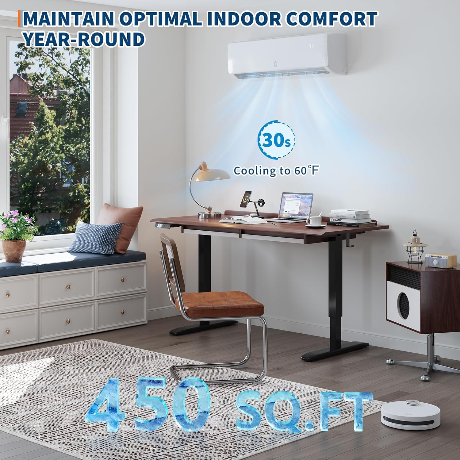 9000 BTU Mini Split AC w/Remote Control19 SEER2 Cools Up to 450 Sq. Ft,Ductless Inverter Mini Split System w/0.75 Ton Heat Pump Pre-Charged & Installation Kit, Ultra-Quiet - Detailed View