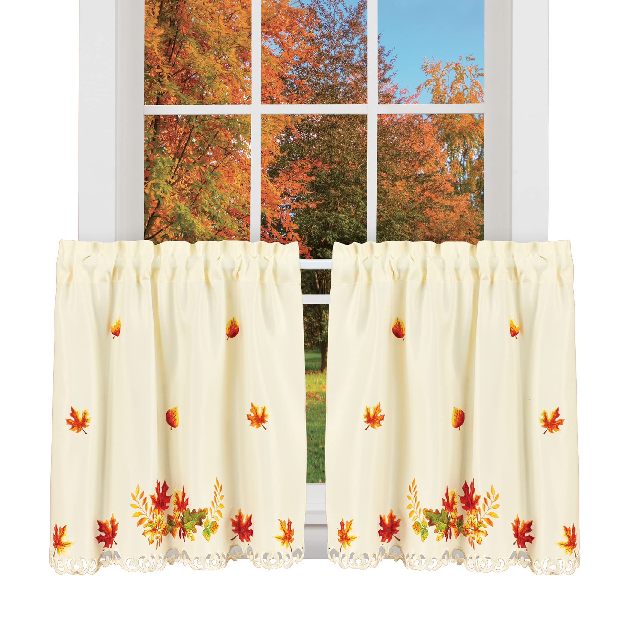 Collections Etc Embroidered Scrolling Autumn Leaves Window Curtains