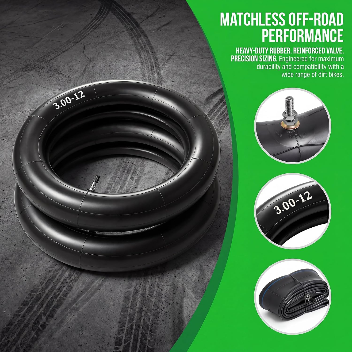 80/100-12 Dirt Bike Tube 3.00-12 Heavy Duty Inner Tubes, TR4 Straight Valve Stem, Replacement for 90cc 110cc 125cc Pit Bike CRF50/70 TTR90/110 KLX110 DRZ110, 2 Pack