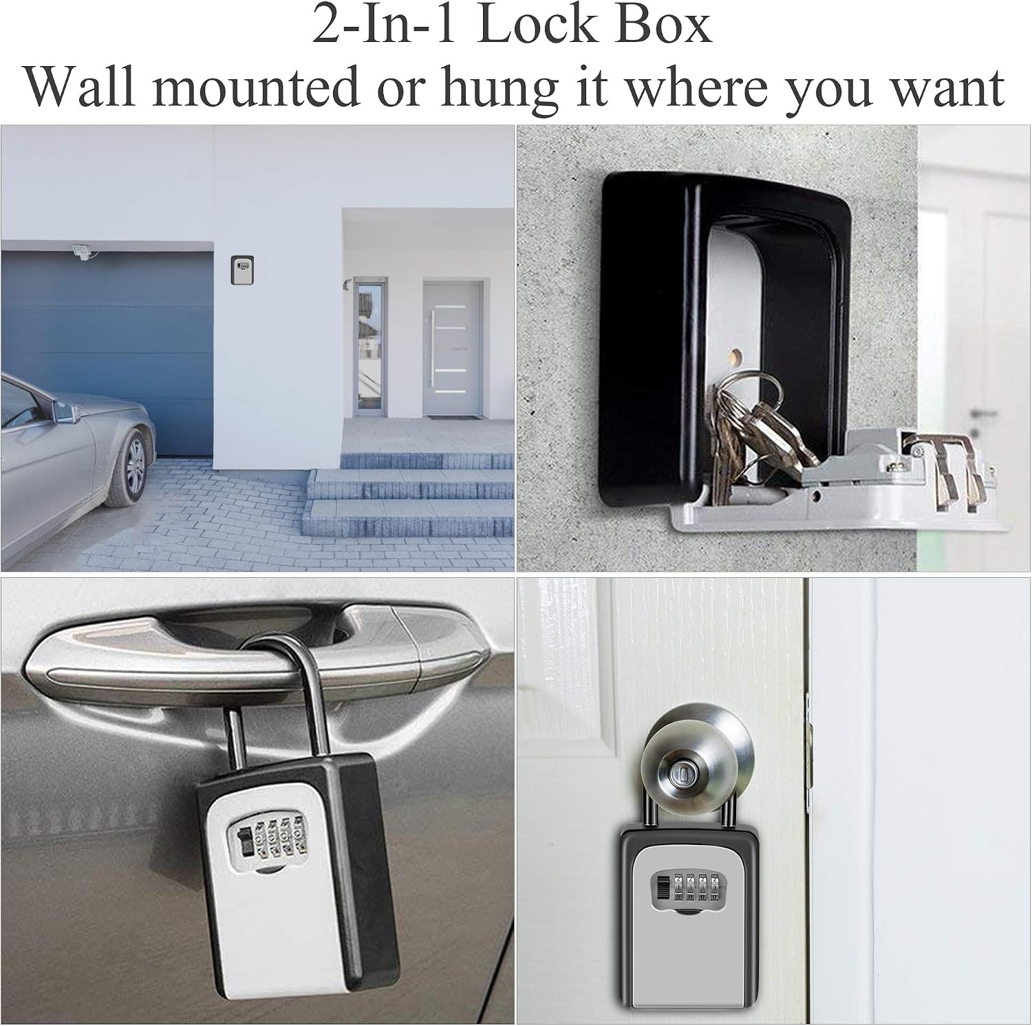 Key Storage Lock Box, Key Lock Box with Code - 4 Digit Combination Resettable Key Lock Box for Door Knob and Outside Wall Mount