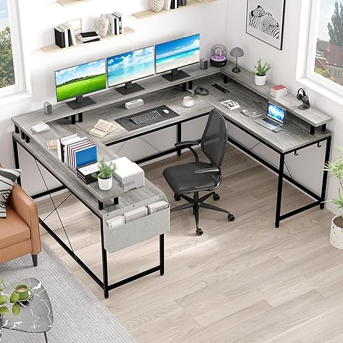 Garvee U Shaped Desk with Power Outlets & LED Lights, 79 in Reversible L Shaped Desk, Corner Computer Desk Office Desk with Full Monitor Stand (Gray) - Grey