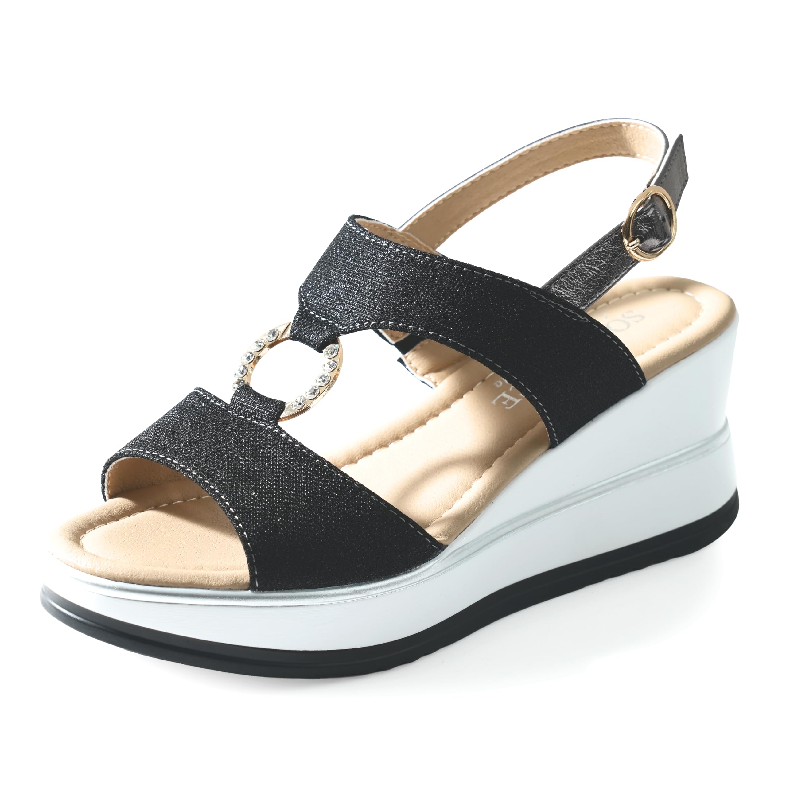 JOMIX Sandales Femme Élégantes avec Compensée 7 cm Tissu Brillant et Détail Bijou avec Anneau Strass Bride Réglable Semelle Confort Amortissante Antidérapante Chaussures Été Casual Chic