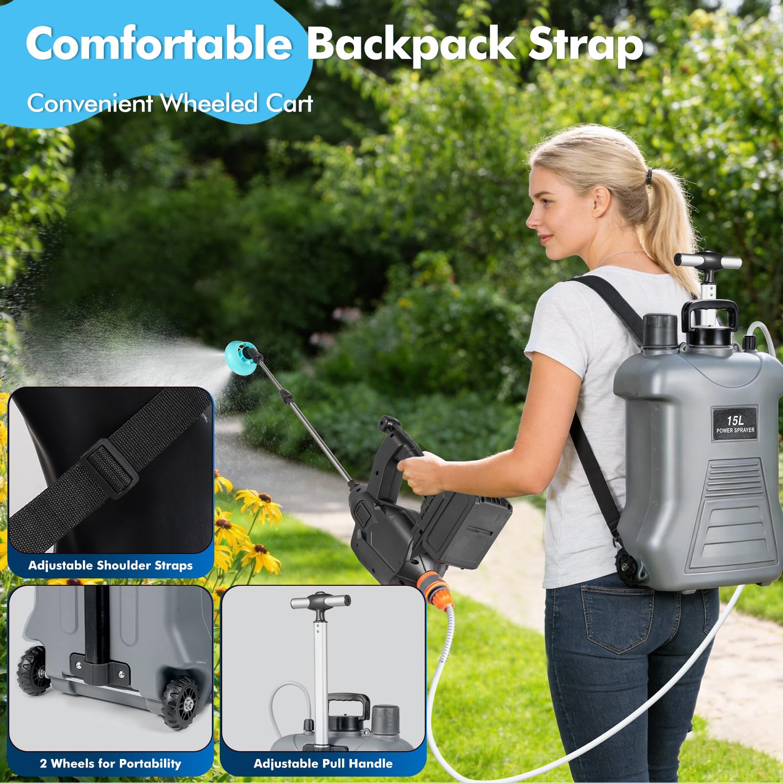 Pulverizador de jardín, pulverizador de presión de batería multiusos de 15 L, pulverizador de mochila, herramienta de pulverización de agua grande con lanza, 5 boquillas, para limpieza del