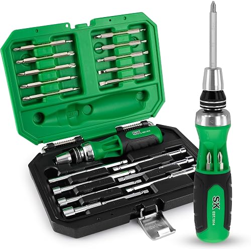 SK 22-in-1 Ratcheting Screwdriver with Nut Drivers, Multi Bit Screwdriver | 216-P 6-Pawl Ratchet Screwdriver set, Phillips, Slotted, Star, Square Bits Stored in Handle, Organized in Storage Toolbox