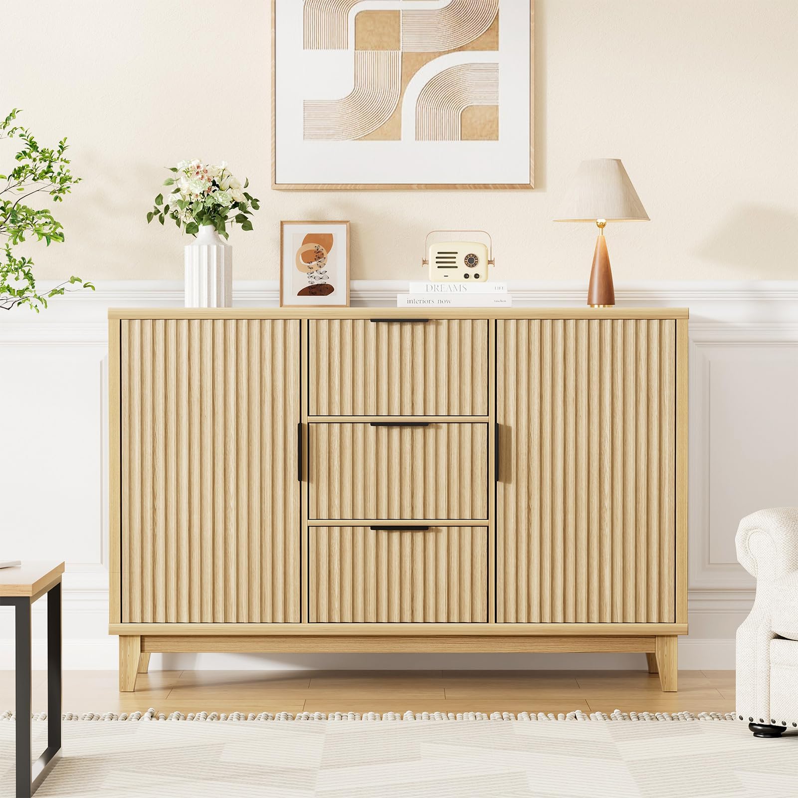 47.2" W Storage Cabinet with 3 Drawers, Fluted Buffet Cabinet with Storage, Large Sideboard Cabinet with 2 Doors, Modern Mid Century TV Stand Coffee Bar Cabinet for Living Room, Kitchen, Entryway