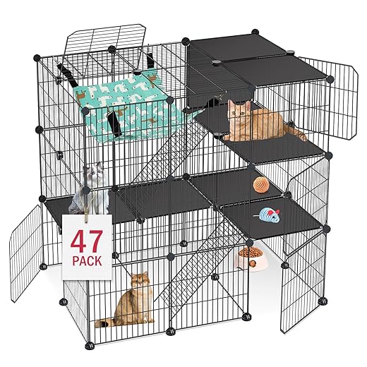 Cat Cage, 3-Tier DIY Cat Enclosures Catio, Cat Playpen Indoor & Outdoor with Hammock, Detachable Metal Wire Kennel Cats Crate, 2x3x3 Exercise Place for 1-3 Cats/Kitten