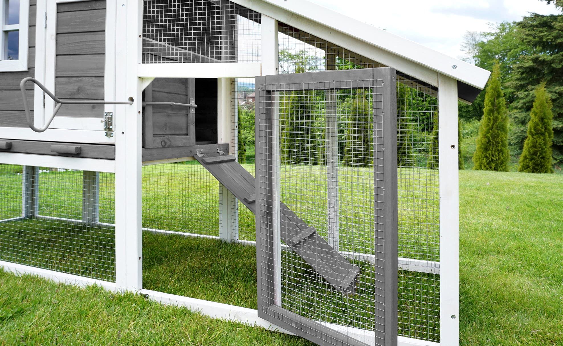 Miweba MyAnimal Hühnerstall MH-32 XXL | 185x62x115 cm - Für 4 Hühner - Nistkasten mit Freilaufgehege - 2 Sitzstangen - Winterfest - 2 Ebenen - Hühnerhaus mit Eiablage - Kiefernholz - Voliere (Grau)