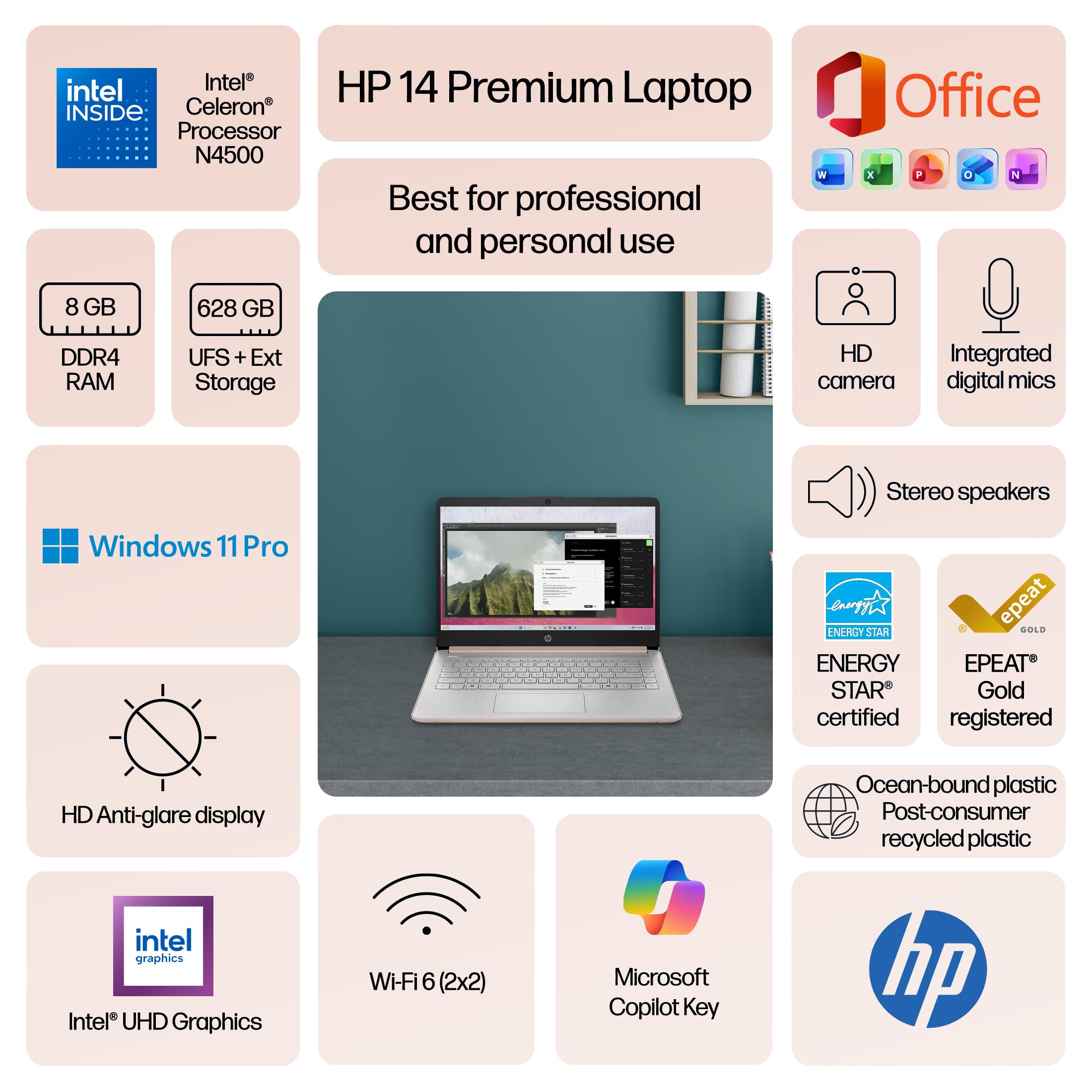 HP Flagship 14" Laptop Computer for 2026 Student Business, Win 11 Pro, Copilot AI, Intel CPU Up to 2.8GHz, 8GB RAM, 628GB Storage (128GB SSD+500GB Ext), Wi-Fi 6, HubxcelAccessory, MS Office, Rose Gold — view 2
