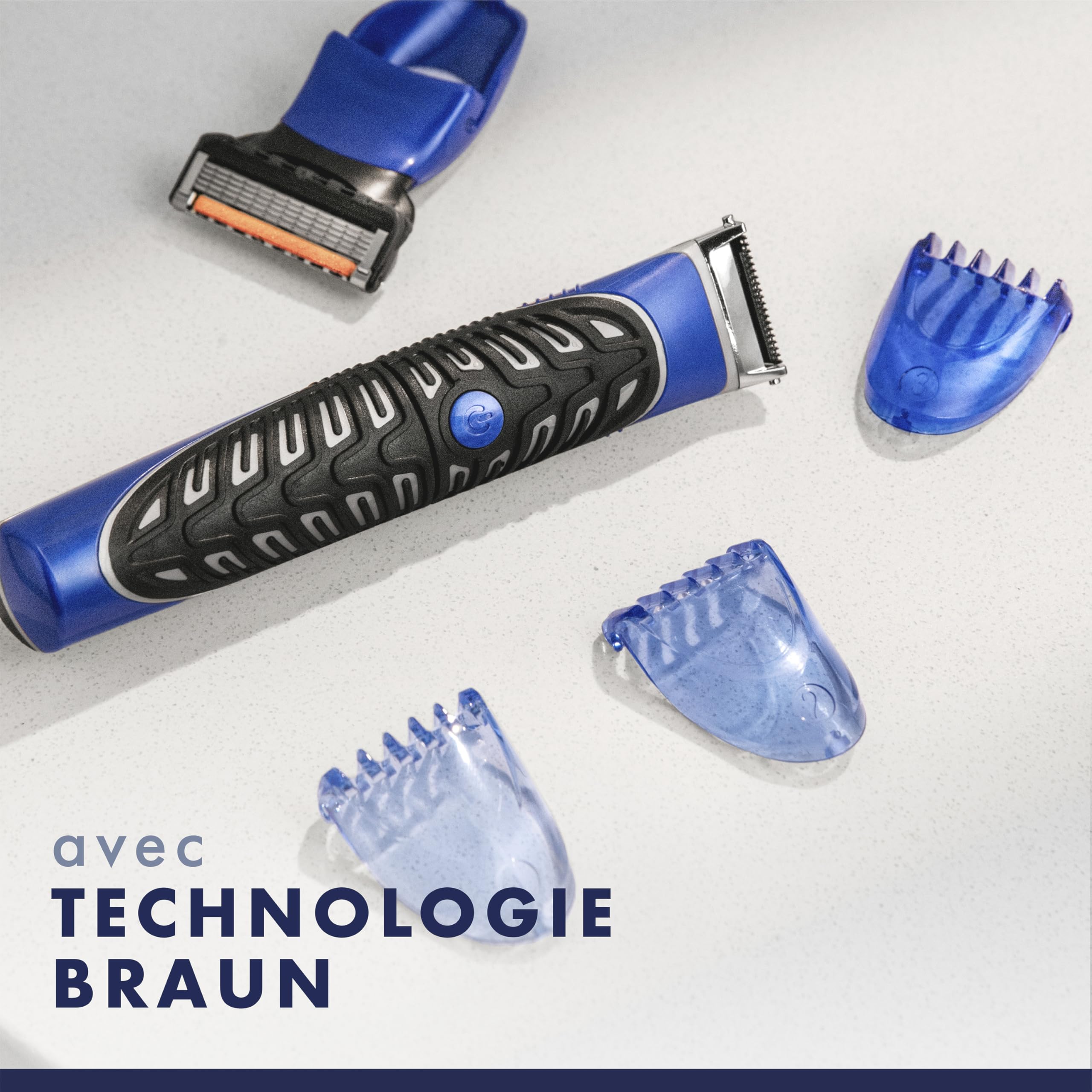 Gillette Tondeuse Homme Tout-en-Un, Bleu et Noir, avec 4 Accessoires | Etanche, sans Fil, Coffret Comprend 1 Tête de Rasoir à 5 Lames Problades en Acier Inoxydable, 3 Sabots, Technologie Braun
